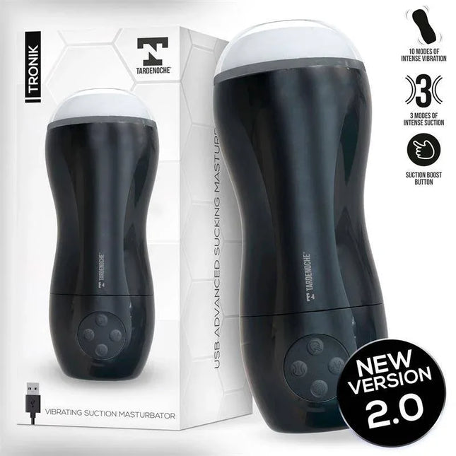 Tronik 2.0 Sucking and Vibrating Masturbator USB with dual-motor design for customizable pleasure, black device and packaging