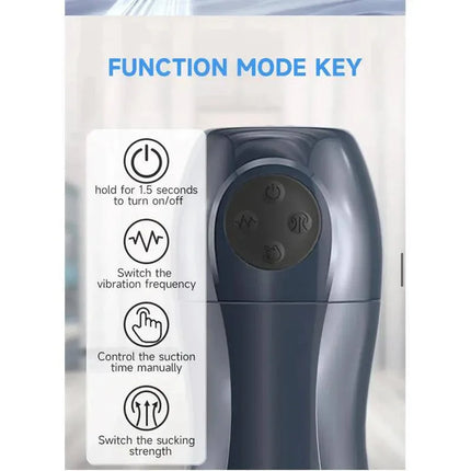 Tronik 2.0 Sucking and Vibrating Masturbator USB function mode key with control features for vibration and suction.