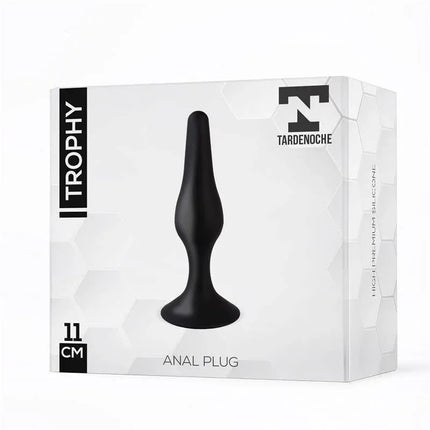 Trophy Anal Plug 11 cm Silicone Black packaging showing product silhouette and brand logo.