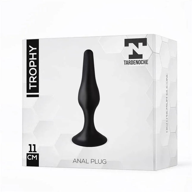 Trophy Anal Plug 11 cm Silicone Black packaging showing product silhouette and brand logo.