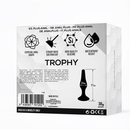 Packaging of Trophy Anal Plug 11 cm Silicone Black with detailed descriptions of features and measurements.
