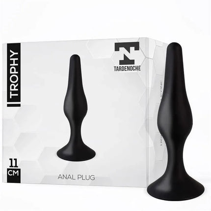 Trophy Anal Plug 11 cm Silicone Black packaging and product, featuring an ergonomic tear-shaped design for enhanced comfort and pleasure.