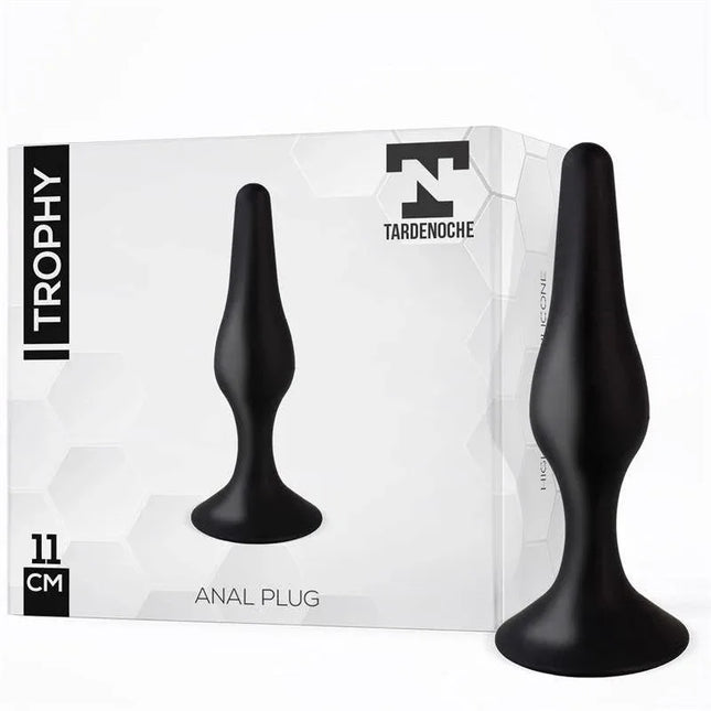 Trophy Anal Plug 11 cm Silicone Black packaging and product, featuring an ergonomic tear-shaped design for enhanced comfort and pleasure.