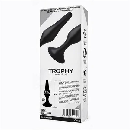 Trophy Anal Plug 13 cm Silicone Black packaging with ergonomic tear-shaped design for beginners and experienced users.