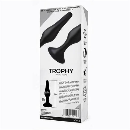 Packaging of Trophy Anal Plug 15 cm Silicone Black highlighting features and design for versatile play.