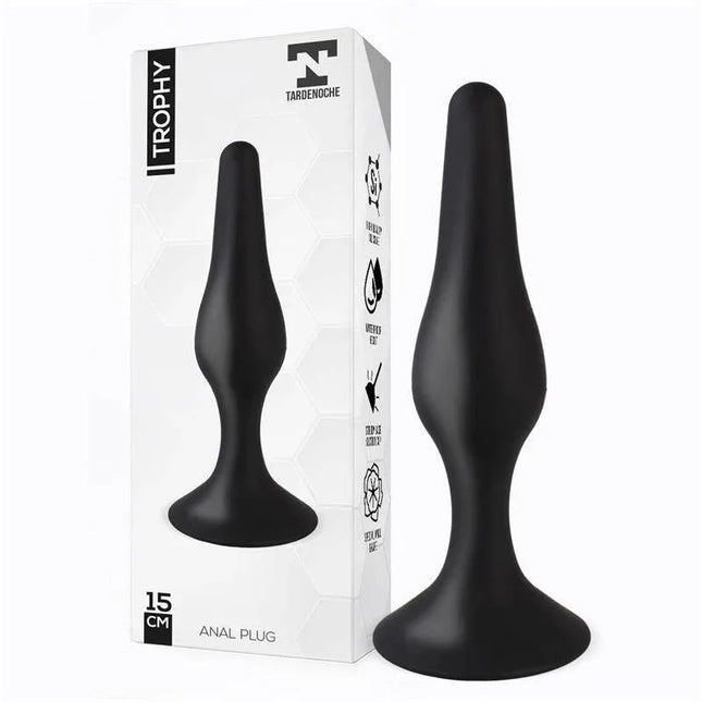 Trophy Anal Plug 15 cm Silicone Black with packaging, tear-shaped design and secure base for versatile use.