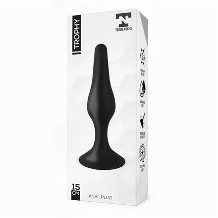 Trophy Anal Plug 15 cm Silicone Black packaging showing the product's tear-shaped design and dimensions on a white box.