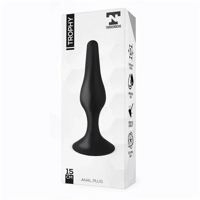 Trophy Anal Plug 15 cm Silicone Black packaging showing the product's tear-shaped design and dimensions on a white box.