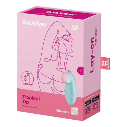 Tropical Tip with APP Satisfyer Connect Light Blue in packaging, premium intimate toy with targeted clitoral stimulation and 12 vibration functions.