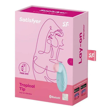 Packaging of Tropical Tip with APP Satisfyer Connect Light Blue featuring Bluetooth connectivity and 12 vibration functions.