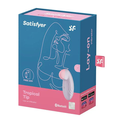 Box of Tropical Tip with APP Satisfyer Connect Lilac, featuring vibrant design and Bluetooth functionality for clitoral stimulation.