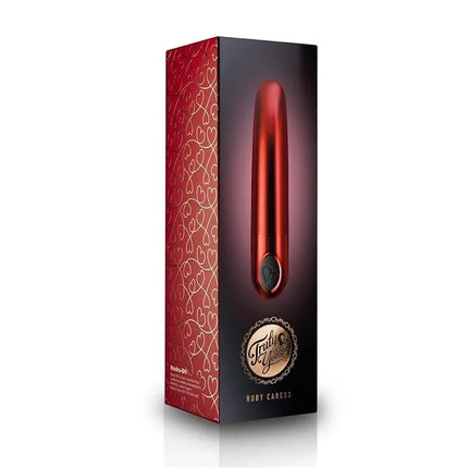 Packaging of Truly Yours Vibrating Bullet Ruby Caress Metallic Red, featuring sleek design for targeted pleasure.