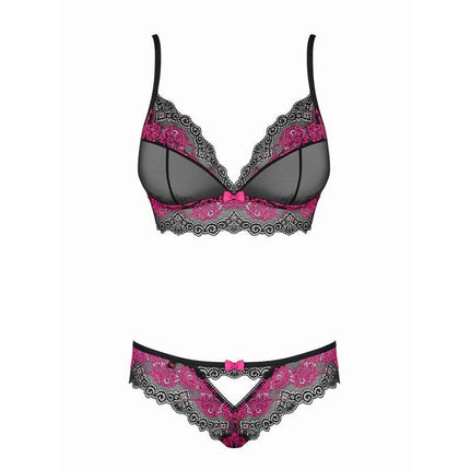 Tulia Bra and Thong Set in black and pink lace with sheer details, featuring a stylish unlined bra and thong for confidence-boosting allure.