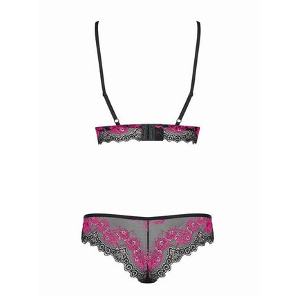 Tulia Bra and Thong Set in pink and black lace showcasing delicate, partially sheer design for intimate allure