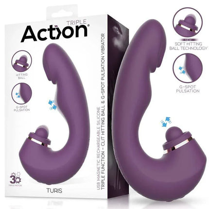 Turis Soft Hitting Ball with G-Spot Pulsation and Vibration in purple with its packaging.