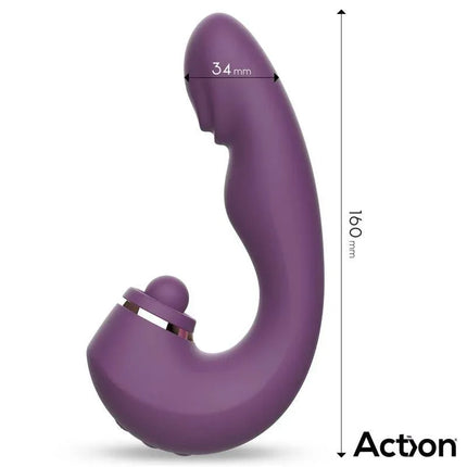 Turis Soft Hitting Ball with G-Spot Pulsation and Vibration, purple design with measurements shown.