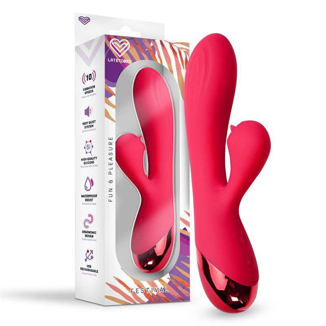 Turna Vibe USB Red vibrator with ergonomic design and 10 vibration functions, offering intense yet quiet pleasure, product packaging included.