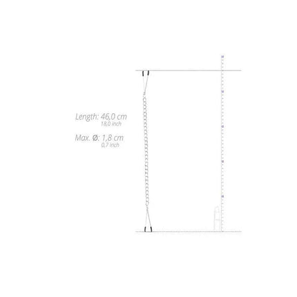 Diagram showing the dimensions of Tweezer Nipple Clamps with a 46 cm chain and 1.8 cm max diameter.