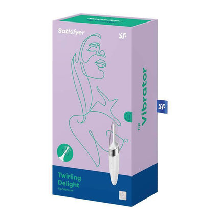 Twirling Delight Rotating Stimulator White in packaging, elegant design for precise stimulation, ideal for travel and erogenous zones.
