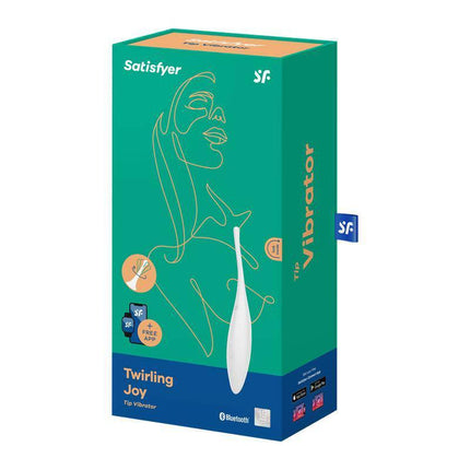 Box packaging of Twirling Joy Rotating Stimulator APP White by Satisfyer, featuring tip vibrator design for multi-sensory pleasure.
