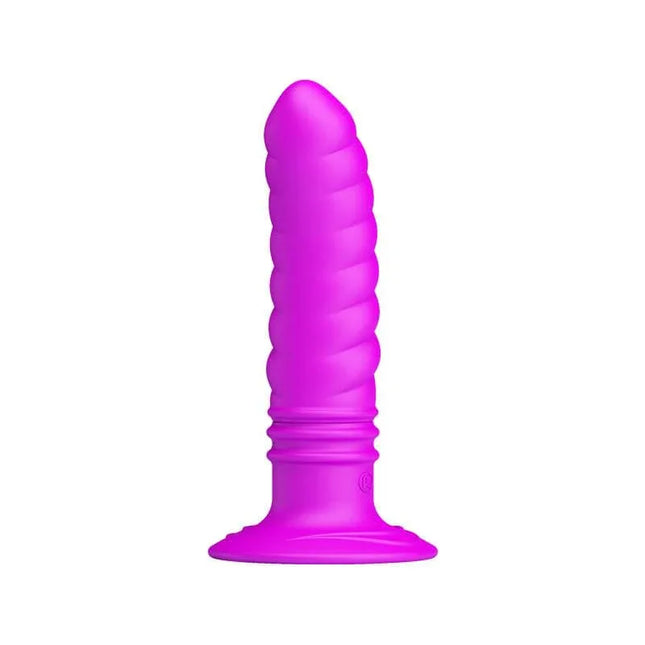 Purple silicone Twist Vibrator Anal Plug with ribbed design, 10 vibration settings, and suction base for versatile pleasure.