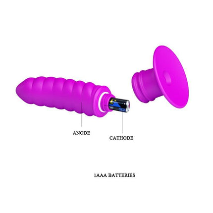 Twist Vibrator Anal Plug shown with removable cap and battery compartment, highlighting anode and cathode for easy battery insertion.
