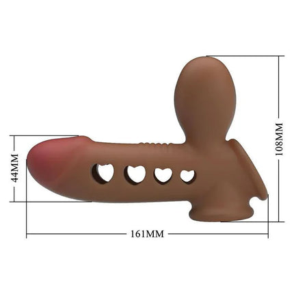 Tyronn Penis Sleeve with inflation function showing silicone structure and measurements for enhanced pleasure