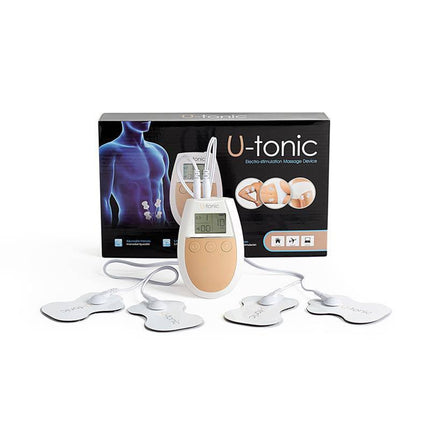 U-Tonic: At-home muscle toning and pain relief device with pads and digital display shown with packaging
