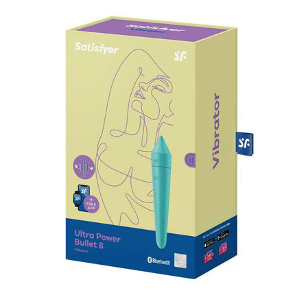 Packaging of Ultra Power Bullet 8 Vibrating Bullet with APP Turquoise showcasing sleek design and Bluetooth connectivity features.