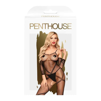 Under Arrest Bodystocking Black in Penthouse packaging, showcasing fine mesh lingerie for confidence and style.