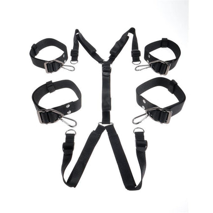 Under-Mattress Bondage Straps with heavy-duty nylon and stainless steel lock rings for secure bondage play.