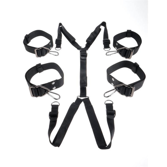 Under-Mattress Bondage Straps with heavy-duty nylon and stainless steel lock rings for secure bondage play.
