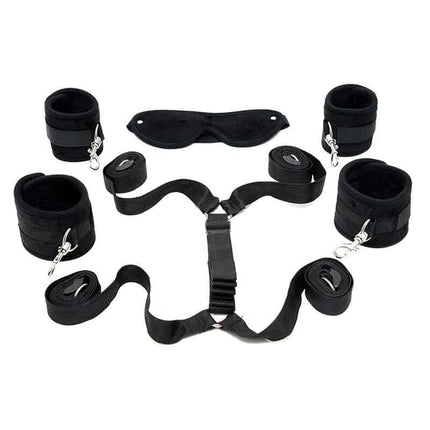 Under the Mattress Restraint Set Black with cuffs, straps, and eye mask by Rimba.