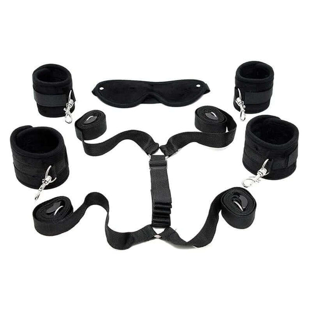 Under the Mattress Restraint Set Black with cuffs, straps, and eye mask by Rimba.