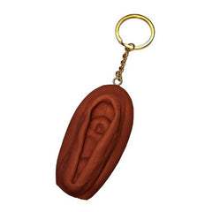 Unique Vagina Shaped Keychain for Parties in brown hard rubber with gold keyring, perfect for bachelorette events and travel-friendly use.