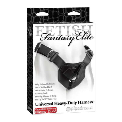Packaging of the Universal Heavy-Duty Harness featuring adjustable straps and O-ring for stability and comfort.