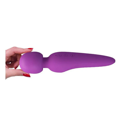Purple USB Rechargeable Meredith Wand Massager held in hand, showcasing its compact, cordless design for targeted muscle relief.
