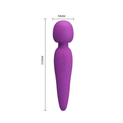 Purple USB Rechargeable Meredith Wand Massager with size dimensions, compact and portable design for effective muscle relief.