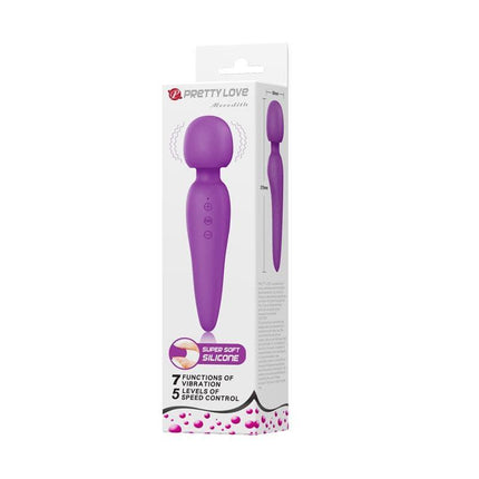 USB Rechargeable Meredith Wand Massager packaging showing purple massager with features