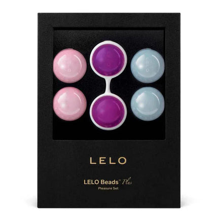 Vaginal Balls Beads Plus by LELO featuring a set of six weighted balls in pink, purple, and blue for pelvic floor training.