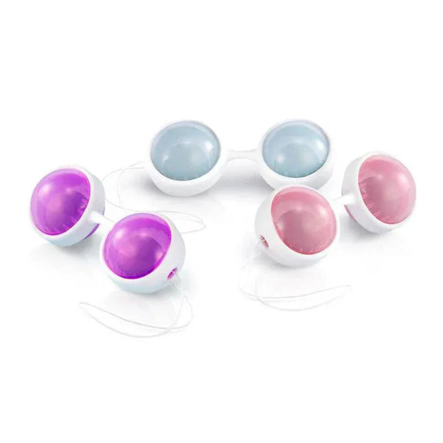 Vaginal Balls Beads Plus set with six colored weighted balls and silicone connector for pelvic floor training.