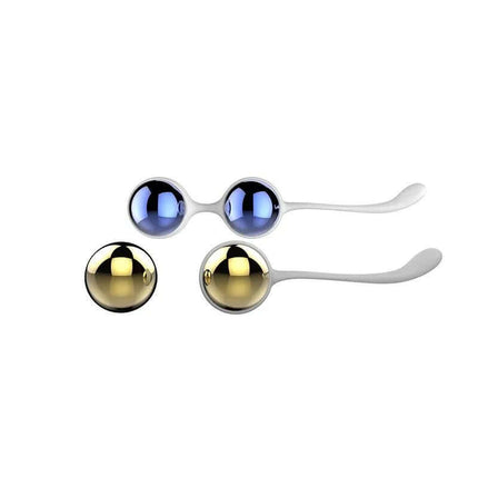VAginal Balls Yani Dorado Golden and Blue set for Kegel training with gold and blue spheres on white background.