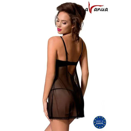 Model wearing VALENTIN Chemise Black/Red made of sheer, see-through fabric, highlighting lingerie design with black and red accents.