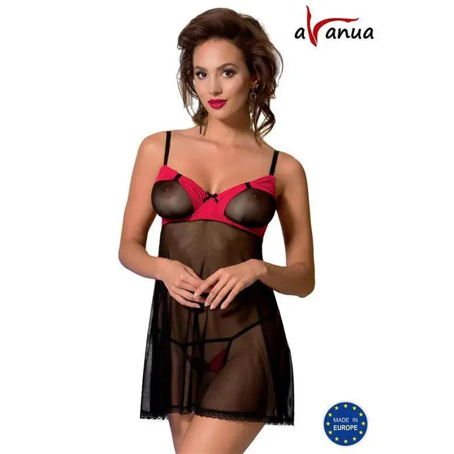 VALENTIN Chemise Black/Red sheer lingerie with black and red design, seductive and bold fashion piece for intimate moments.