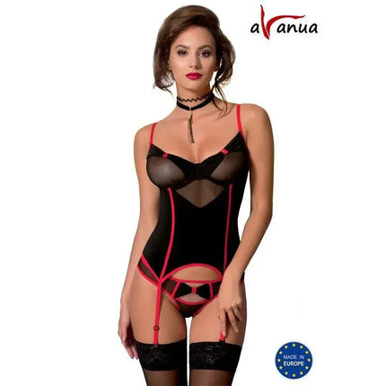 Valentin Corset Black with sheer fabric and red accents for a confident, sultry style. Featured lingerie for daring nights.