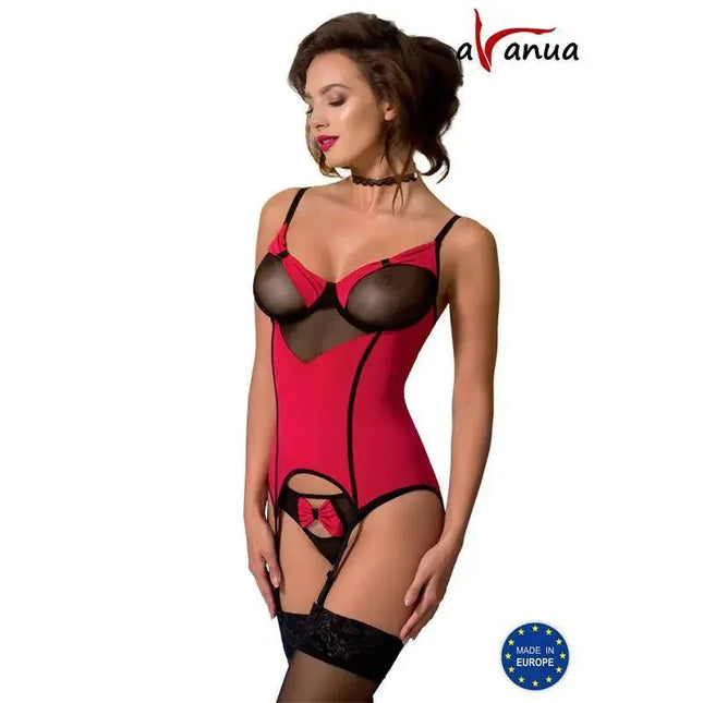 VALENTIN Corset Red/Black with black trim, includes matching panties and stockings, features transparent panels for a daring look.