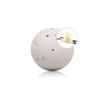 Vanilla Scented Bath Bomb with Rose Petals 150 gr shown with vanilla flower detail