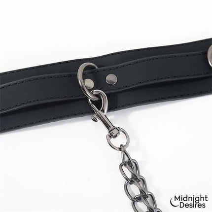 Collar and Ankle Cuffs with Chain made of vegan leather featuring adjustable buckles and detachable chain by Midnight Desires