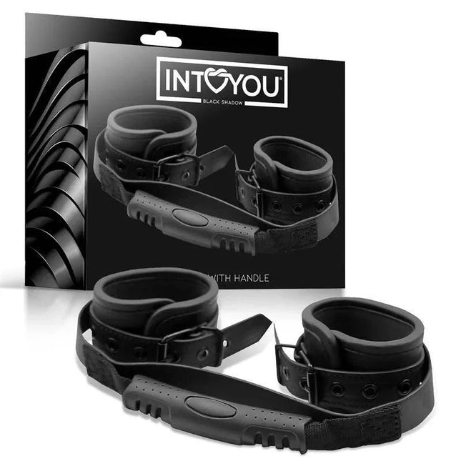 Vegan Leather Cuffs with Handle from Intoyou Black Shadow, premium design for control and comfort in thrilling play sessions.