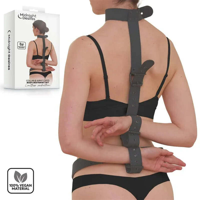 Collar and Wrist Cuffs Body Restraint Set in vegan leather worn by model, showcasing full restraint system with packaging. Cruelty-free design.